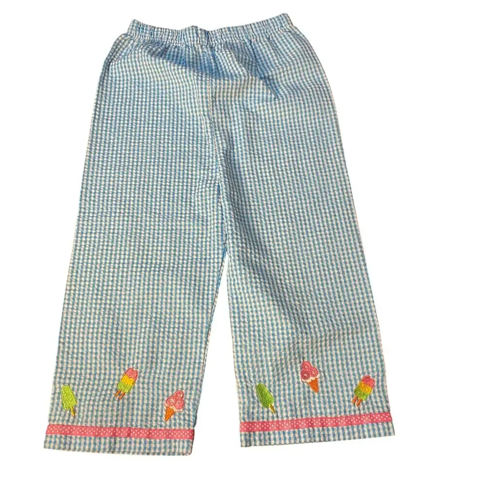 Rare Editions blue gingham ice cream embroidered tank shirt pant set SIZE‎ 6